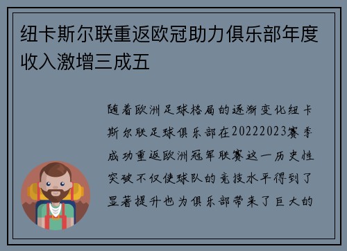 纽卡斯尔联重返欧冠助力俱乐部年度收入激增三成五 纽卡斯尔联重返欧冠助力俱乐部年度收入激增三成五
